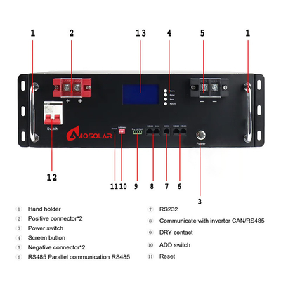 Amosolar 48V 51.2V 100AH 200AH Bateria de lítio-íon montada em rack